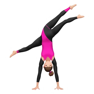 A female gymnast with brown hair in a neat bun, wearing black leggings and a T-shirt with neon pink elements, performing an acrobatic move. sticker