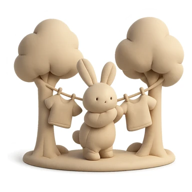 bunny hanging laundry between trees, calming domestic forest feel sticker