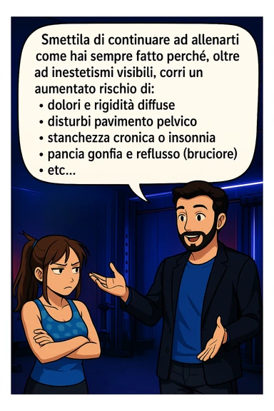TRASFORMA QUESTO CAROSELLO IN UN FUMETTO STILE MANGA A COLORI CON QUESTE DUE PERSONE IDENTICHE CHE INTERLOQUISCONO TRA LORO:

LUI (UOMO): Smettila di continuare ad allenarti come hai sempre fatto perché, oltre ad inestetismi visibili, corri un aumentato rischio di:
    • dolori e rigidità diffuse
    • disturbi pavimento pelvico
    • stanchezza cronica o insonnia
    • pancia gonfia e reflusso (bruciore)
    • etc… sticker