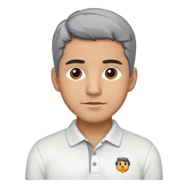 Latino male, black hair with gray hair, light brown, wearing a white polo shirt sticker