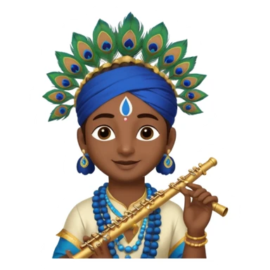 Lord Sri Krishna carrying only one peacock feather on his head with cute face and play flute with happy face sticker