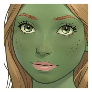 girl with long light brown hair with blonde highlights, light blue eyes, freckles, long eyelashes sticker