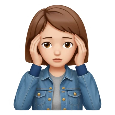 a woman with a brown short hair, looking at the left, facepalming, wearing a denim jacket, only upper body, high quality sticker