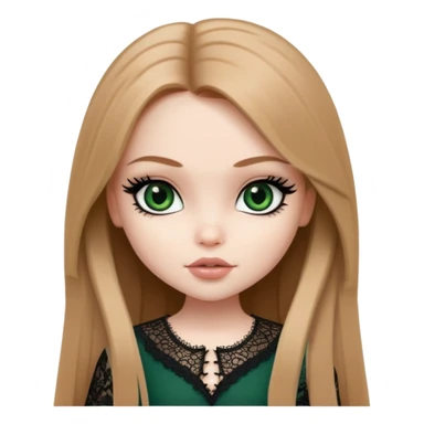 pretty bratz girl, long straight LIGHT BROWN HAIR, dark green eyes, black eyeliner, pale skin, black girly clothes with lace sticker