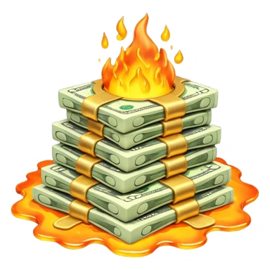 Transform the stack of money into lava money: make the bills appear to be melting and turning into glowing, molten lava with realistic textures and dramatic lighting. Keep the background transparent. The style should reflect a realistic molten lava effect with glowing and melting details. sticker