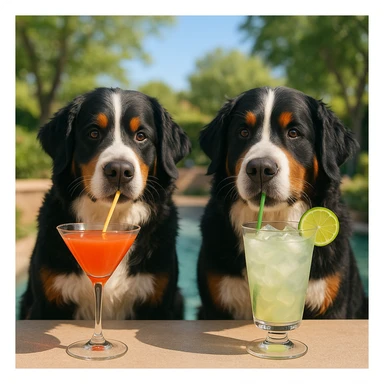 two Bernese mountain dogs drinking cocktails, wide scene, 1950x640 sticker