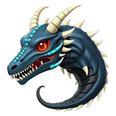 Shiny Dark Edgy  Salandit-Inteleon-Amaura-Fakémon-hybrid-creature (full body) with a horned animal-skull-mask sticker