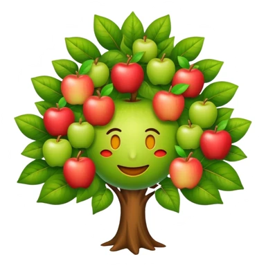 diseña a un árbol con cara sonriente y que las hojas tenga tres manzanas en cada lado o en cada parte de las hojas. sticker