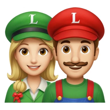 blonde female Luigi (with the Luigi green hat with an L on it) and a normal brown hair male Mario with the red hat with a M on it. They are friends just smiling sticker