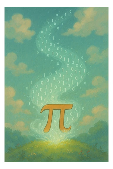  combine the π (pi) math symbol, binary code, and digital mist emerging from it. sticker