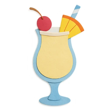 pina colada glass with a cherry, pineapple wedge, and paper straw, vibrant colors in paper-craft style sticker