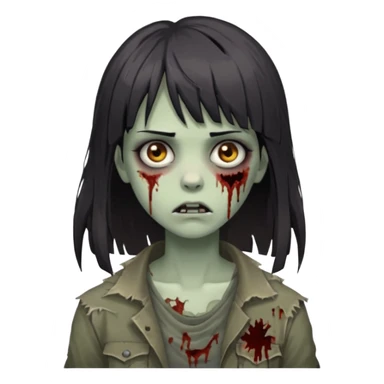 zombie 🧟‍♀️+👩🏻= girl dark hair long her shoulders bangs and ragged haircut gray eyes sticker