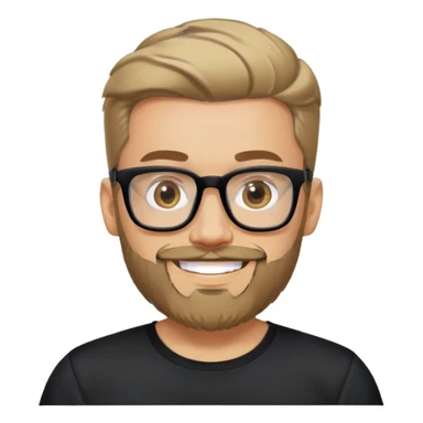 Man with light skin, full facial beard, short upswept hair, large black-framed glasses, smiling face, black sports fabric shirt sticker