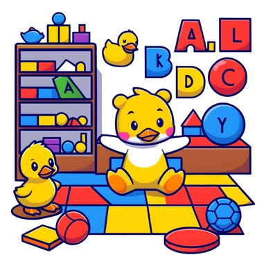 playroom floor with scattered toys - plush teddy, rubber duck, alphabet blocks, bouncy ball, action figures sticker