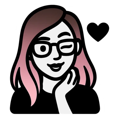 woman with gradient hair from dark to pink with glasses, brown roots, brown eyebrow, flirting, icon-black-filled style sticker