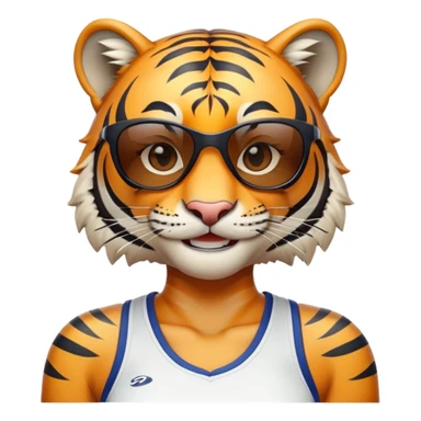 female energetic anthropomorphised tiger in sports clothes, wearing dark sunglasses, head and shoulders only, smiling sticker