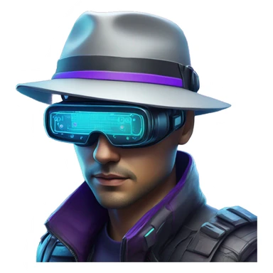 Secret human agent in a hat with  cyberpunk elements in VR googles scanning looking reviewing multicolor lines of code, cyan and purple colors, only upper body portrait sticker