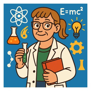 middle-aged science teacher, light brown hair in ponytail with bangs, brown eyes, with science symbols in background sticker