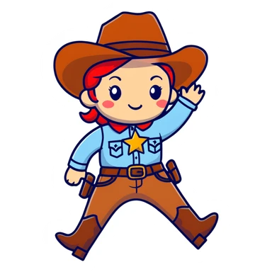 A cartoon stuffed cowgirl toy with freckles, red hair and a star-shaped badge sticker