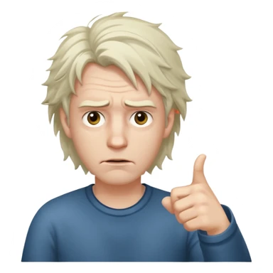 Weak man with disheveled hair pointing to his right sticker