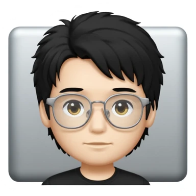 a boy wearing black t-shirt, has fluffy black hair and silver rectangular glasses sticker