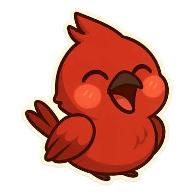 Chibi red male cardinal laughing with eyes closed and beak wide open, soft glowing cheeks, cozy cartoon emoji. sticker