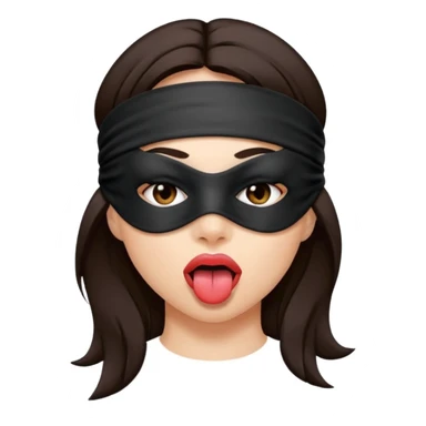 woman with dark brown hair wearing black fabric over eyes with tongue out sticker
