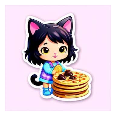 Kitty cat with waffles with little girl little girl picking up cat poop ￼ sticker