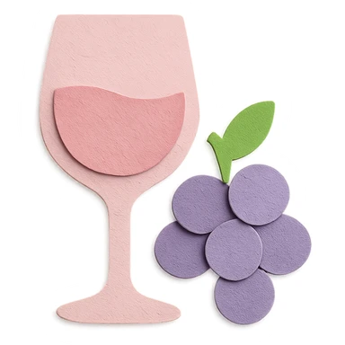 rosé wine icon, paper craft style, light pink wine glass with light purple grapes beside it, no background sticker