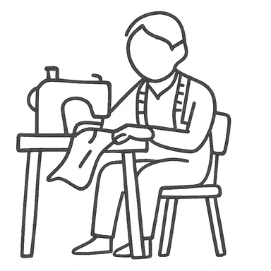 hand-drawn outlined icon of a tailor sewing, sketchy lines sticker