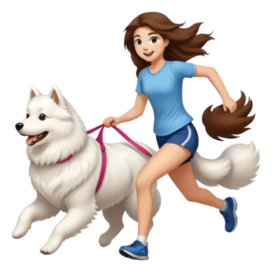 A beautiful girl with long hair runs with a Samoyed sticker