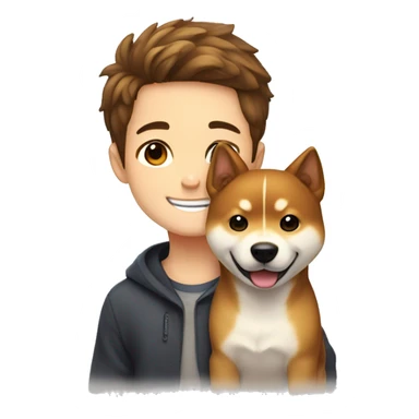  boy with brown hair with brown eyes and wide brows 12 years smiling and hugging dog shiba inu  sticker
