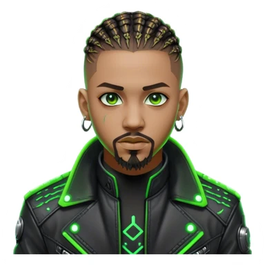 Light skinned African American male with green eyes as a cyberpunk hacker with cornrows hairstyle but short cornrows  with goatee facial hair sticker