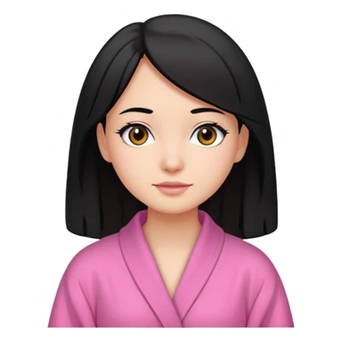 A girl who has black hair (straight but slightly wavy at the end), has a medium to bright skin tone, wearing a pink robe sticker