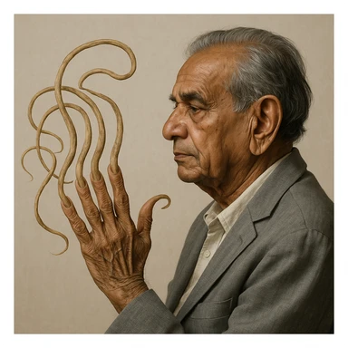 Shridhar Chillal, side view, displaying his hand with the world's longest fingernails, realistic style, neutral background sticker