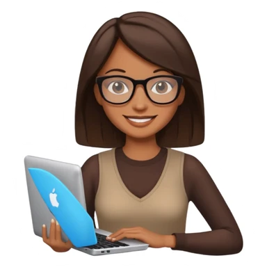 woman with tan skin, chest-length straight dark-brown hair and glasses, smiling and holding mac computer sticker