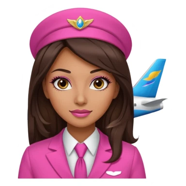 Flight attendant with pink outfit tan skin long dark brown hair with blonde highlights pretty makeup long lashes sticker