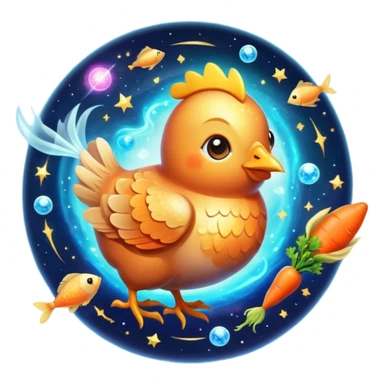 Magical ethereal chicken, fish, and carrot floating in a cosmic space, connected by golden energy beams to a healthy eye, radiant skin, and glowing immune shield sticker