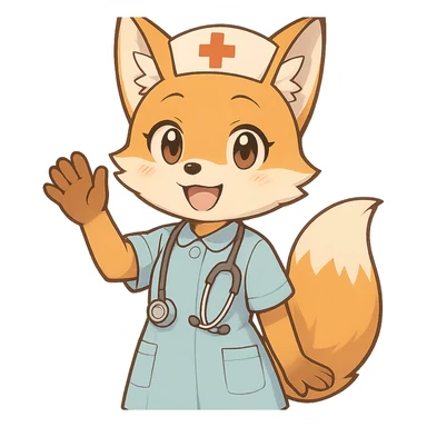 anime style fox character, medical theme, saying goodbye sticker