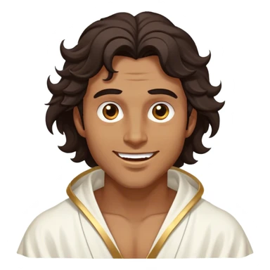 Cinematic Realistic Hercules Portrait, head tilted dramatically with an exaggeratedly amused expression, featuring expressive eyes and a hint of a roguish smile. His bronze, marble-like skin and thick, wavy dark hair, rendered with classical artistry, complement his flowing white robe adorned with delicate golden accents, all brought to life with dynamic natural lighting that captures a rare, playful moment from an enduring legend. sticker