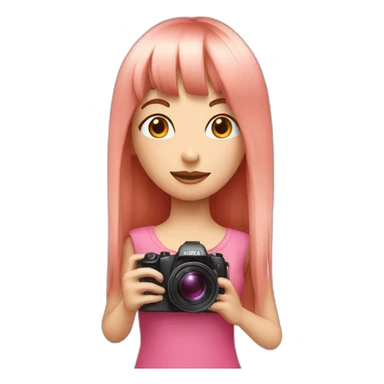 girl with long, straight rose hair with fringe and holding camera and wearing pink, pretty top sticker