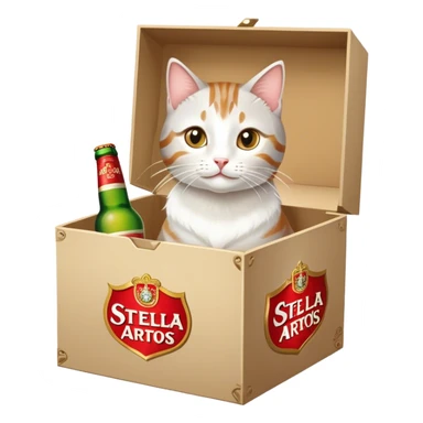 White/tabby Cat inside a box of Stella Artois sticker