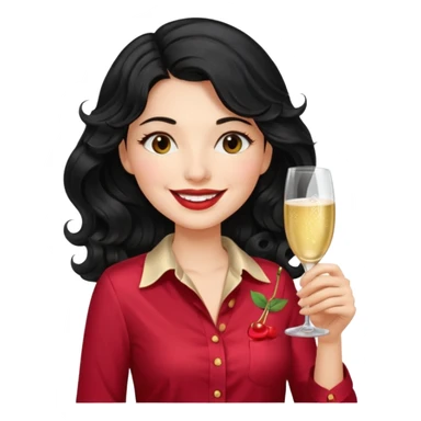A woman with wavy black hair and a beautiful and authoritative cherry shirt drinking champagne sticker