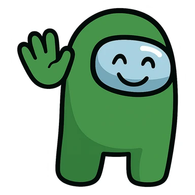 Create an Among Us crewmate character in green, waving one hand, happy expression, transparent background, in a style suitable for editing and clear character depiction. sticker