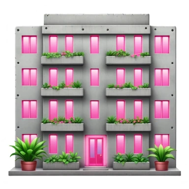 Soviet-style concrete panel apartment building block with neon pink light glowing from one window for indoor plants sticker