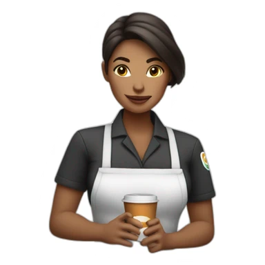 Female barista wear uniform smokes and holds cup of coffee sticker