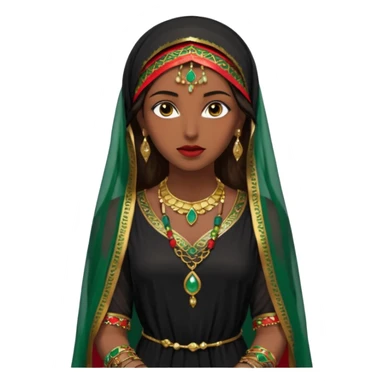 Mujer joven, morena, de gran belleza y porte misterioso.
 mirada intensa, labios marcados.
 Negro, largo, suele ir cubierto parcialmente por un velo
 Ropa de inspiración árabe: túnica colorida (rojo, dorado, verde esmeralda), con detalles dorados, brazaletes y pendientes. que se ve cuerpo entero sticker