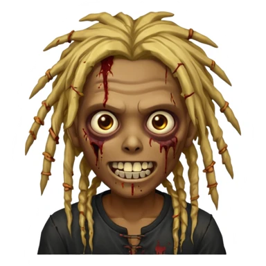 zombie with brown skin, messy gold dreads hair, wide centered brown eyes, dark bloody marks under the eyes, and a smile showing shiny metal teeth,black shirt, giving a distressed, undead look. sticker