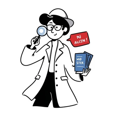 A secret agent holding a magnifying glass and code cards, spy theme, detective style, mysterious atmosphere, red and blue color scheme sticker