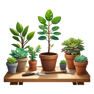 Close-up of a potted sapling in rich soil surrounded by vibrant plants and succulents. Bright sunlight filters through the window, casting soft shadows. Nearby gardening tools rest on a wooden table. Cozy indoor atmosphere with greenery and flowers. sticker